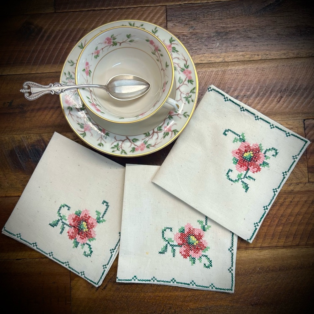 3 Vintage 10” Rose Cross stitch tea napkins